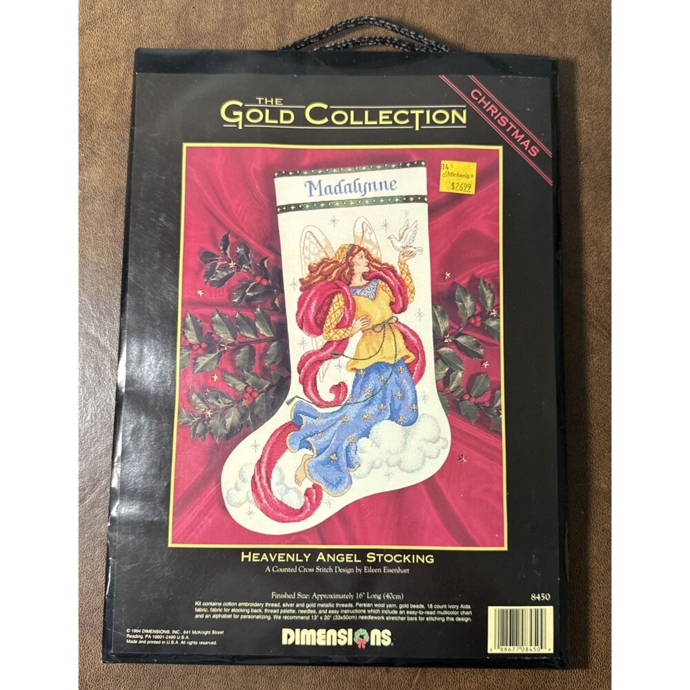 Vintage Dimensions Gold Heavenly  Angel Stocking Cross Stitch Kit #8450 1994 USA